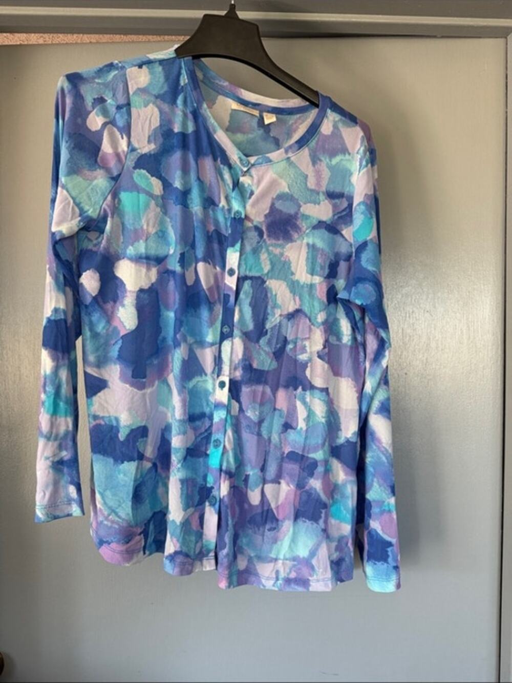 LOGO Lori Goldstein Clarissa Blue Front Button Top Long Sleeves Band Collar sz L